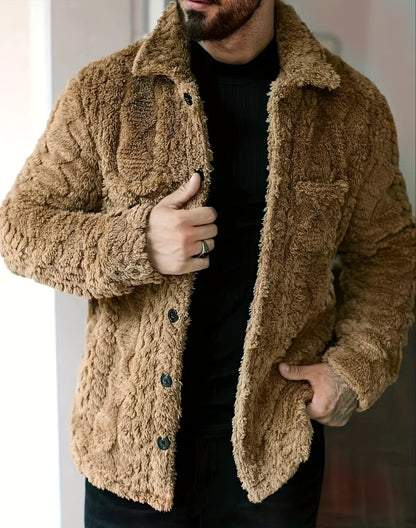Men's Casual Solid Color Flannel Jacket - Cozy Polyester, Button-Up Outerwear with Pockets, Long Sleeves for Fall & Winter