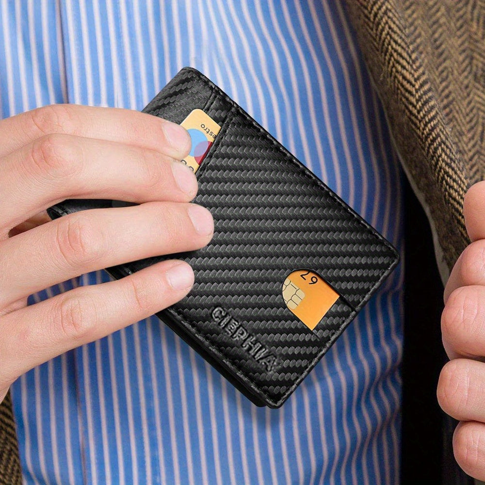 Cartera delgada plegable para hombre, tarjetero con bloqueo RFID, dos ventanas para identificación y pinzas para billetes.