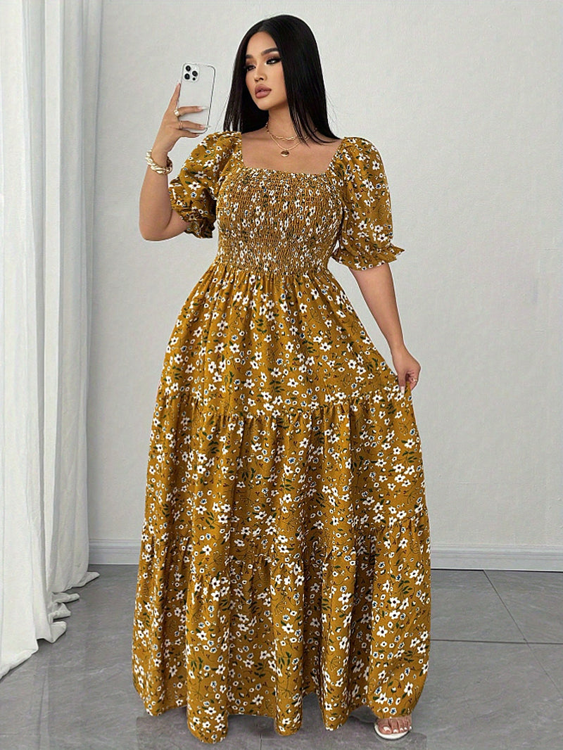 Women's Summer Square Neck Elastic Waist Floral Print Puff Sleeve A-Line Maxi Dress - Lightweight Breathable Machine Washable Plus Size Flowy Long Dress for Beach Vacation & Casual Outings, Beach Dresses