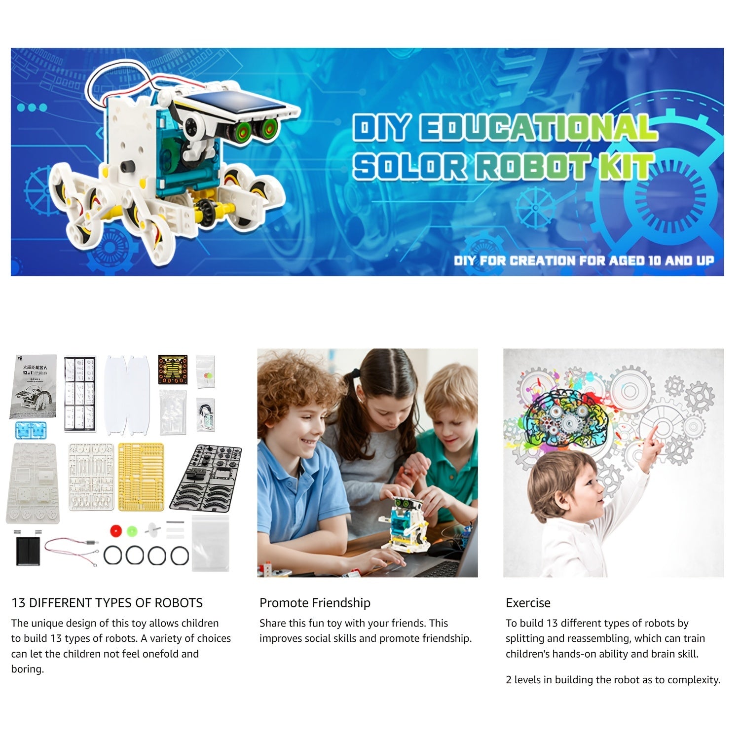 STEM 13-in-1 Solar Power Robots Creation Toy, Educational Experiment DIY Robotics Kit, Science Toy Solar + Battery Powered 2 Modes Building Robotic Set Kids To Build, Halloween, Christmas Gift