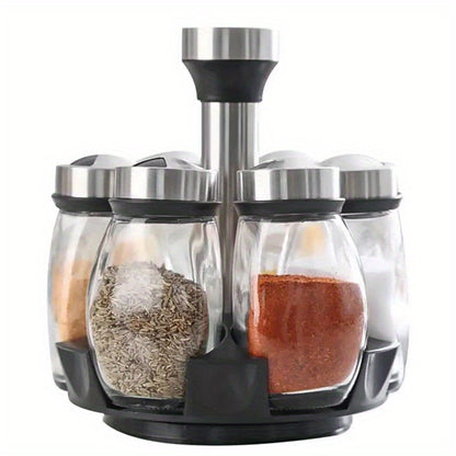 Juego de especiero giratorio: 7 botellas de vidrio para condimentos y saleros con soporte, organizador de cocina multifuncional y fácil de instalar.