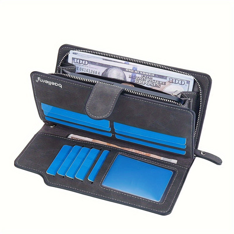 Slim Business Style Long PU Leather Wallet With Wrist Strap, Bi-fold Large Capacity Card Holder