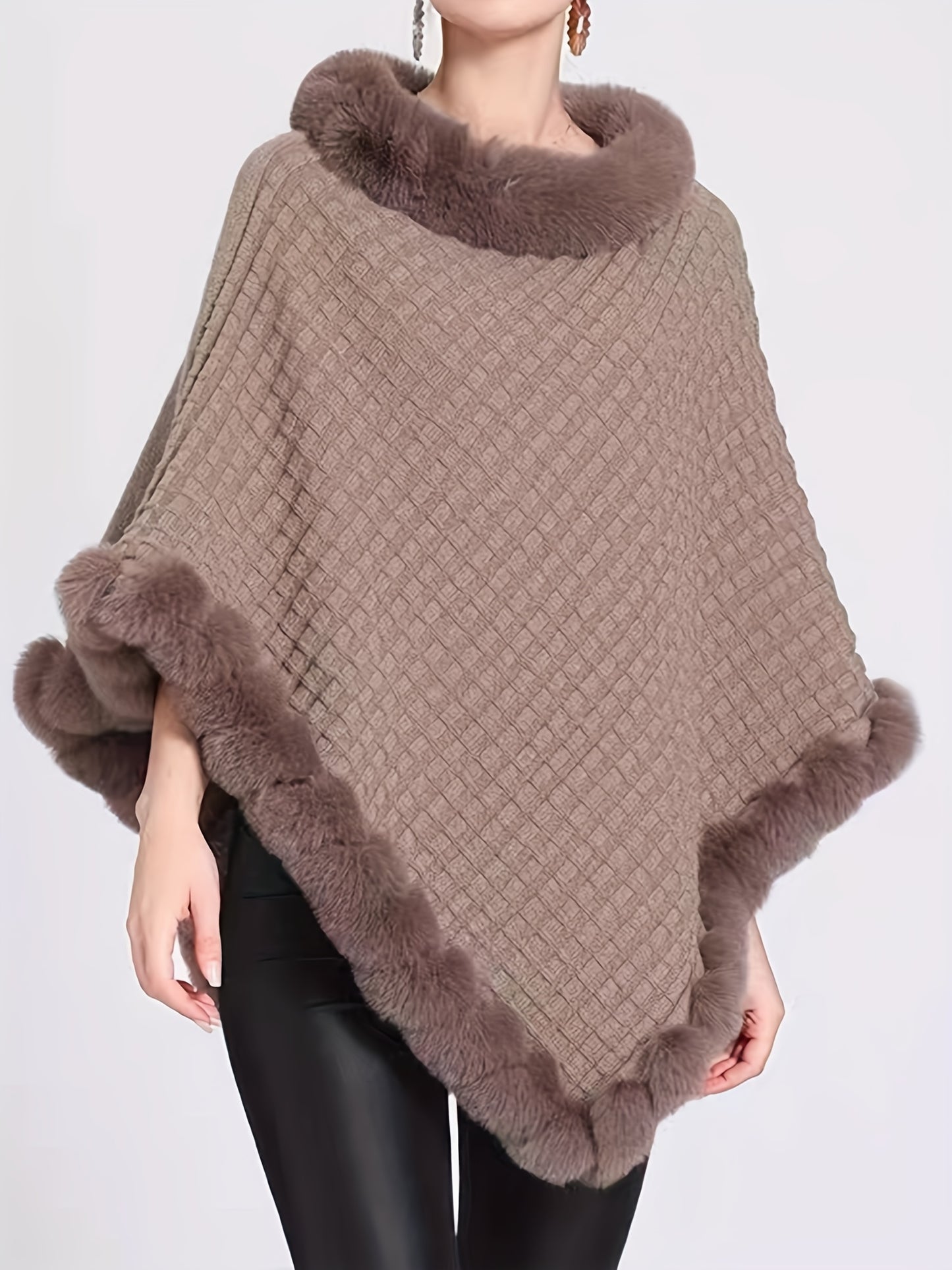 Women's Elegant Cream-Colored Knit Sweater with Faux Fur Trim - High Neck, Batwing Sleeves, Cozy Autumn/Winter Pullover Shawl Cape, Autumn Wardrobe Accessory|High Neck Pullover|Plush Lining