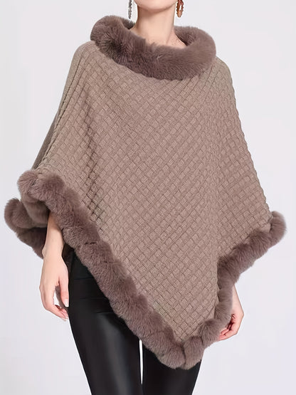 Women's Elegant Cream-Colored Knit Sweater with Faux Fur Trim - High Neck, Batwing Sleeves, Cozy Autumn/Winter Pullover Shawl Cape, Autumn Wardrobe Accessory|High Neck Pullover|Plush Lining