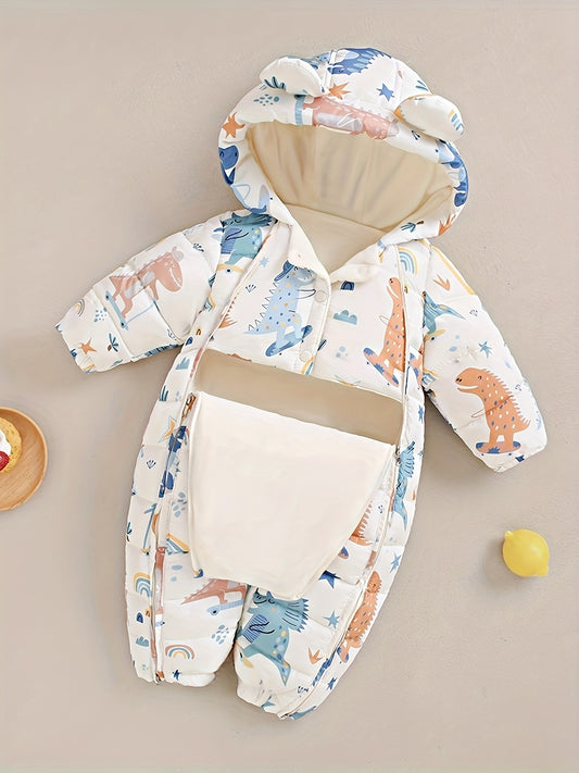 Cozy Fleece-Lined Kids' Onesie with Cute Ears & Cartoon Print - Zip-Up Long Sleeve Snowsuit for Outdoor Warmth, Easy Care, Perfect Christmas Gift for Newborns, Perfect for Outdoor