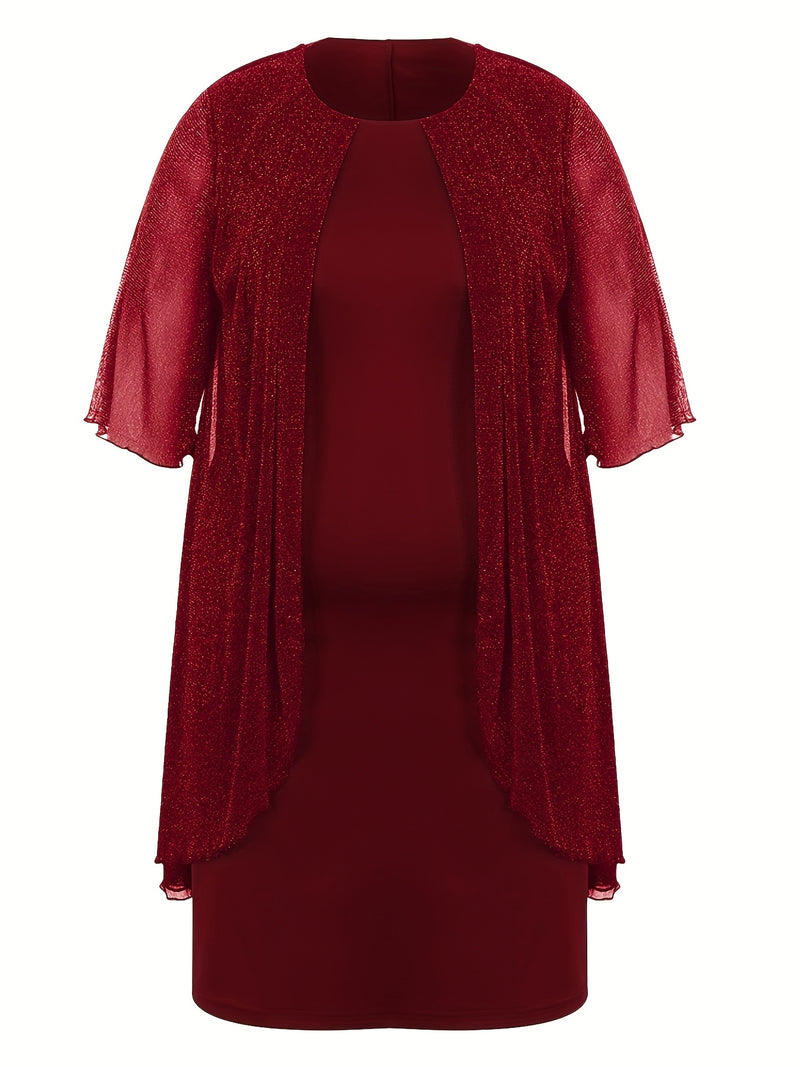 Plus Size - Elegant Plus Size Two-Piece Dress with Mesh Overlay - Navy Blue, Round Neck, Sleeveless, Flowy Design for Spring/Summer, Polyester Blend, Women'S Fashion, Plus Size Dresses