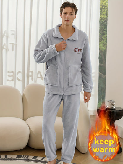 Conjunto de pijama de hombre con camiseta y pantalón de franela con bordado de letras, cuello alto, cremallera y manga larga para otoño e invierno.