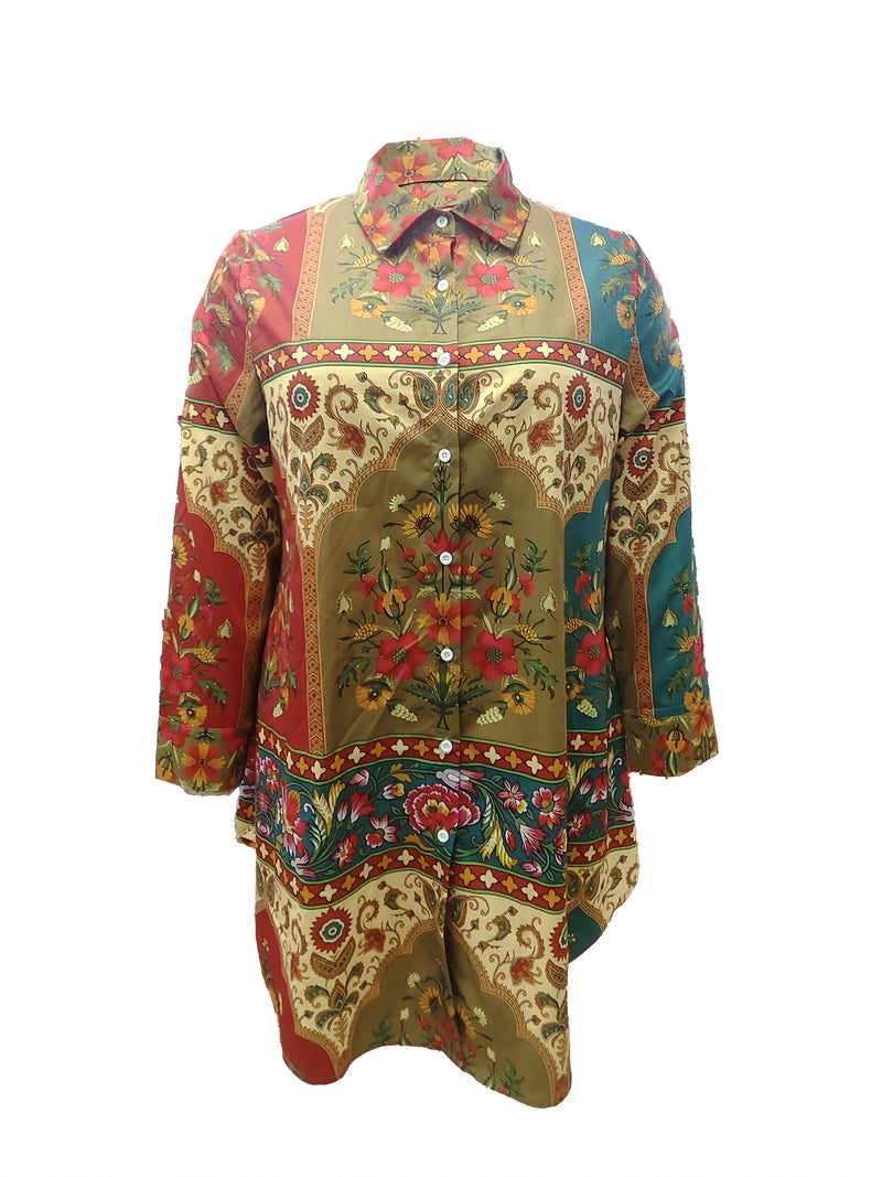 Plus Size - Elegant Floral Print Maxi Dress with Long Sleeves - Blue & White Floral Design, Button-Up Front, Casual Style for Women, All-Season Wear, Casual Summer Dress | Floral Print Dress | Nonstretch Fabric