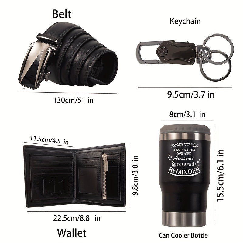 Set de regalo de 6 piezas para hombre: billetera de cuero, cinturón de acero inoxidable, vaso con tapa, llavero, tarjeta y flores artificiales. Ideal para cumpleaños, San Valentín, Día del Padre y Navidad.