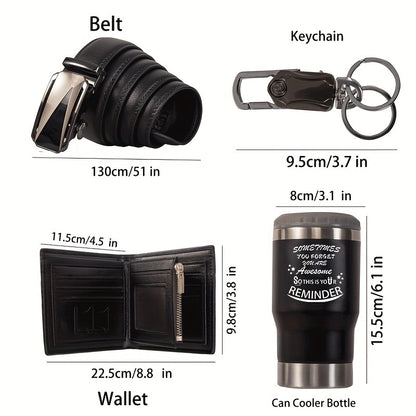 6-Piece Men's Gift Set - Leather Wallet, Stainless Steel Belt, Tumbler with Lid, Keychain, Card, and Artificial Flowers - Birthday, Valentine's, Father's Day, Christmas Party Favor Box