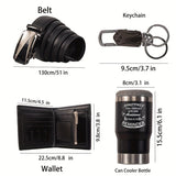 Set de regalo de 6 piezas para hombre: billetera de cuero, cinturón de acero inoxidable, vaso con tapa, llavero, tarjeta y flores artificiales. Ideal para cumpleaños, San Valentín, Día del Padre y Navidad.