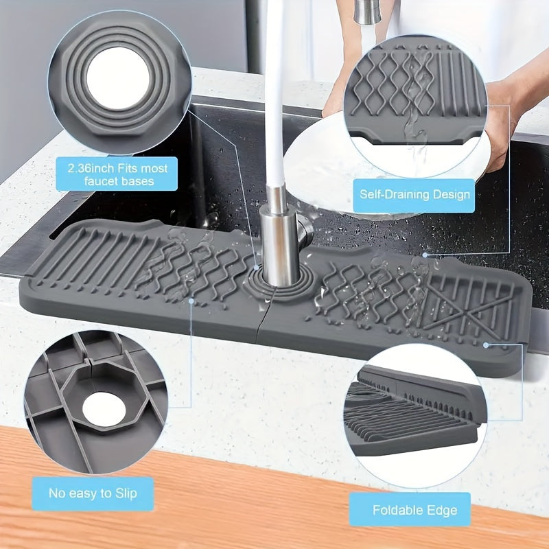 5° Slope Extended Size Silicone Kitchen Sink Drain Mat - Self-Draining Fast, Easy to Clean, and Foldable Edge