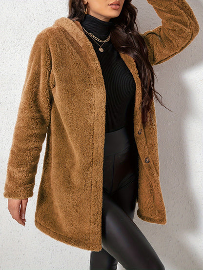 1pc Elegant Women'S Fleece Jacket, Polyester Knit Fabric, Solid Color, Fall/Winter Season, Cozy Warm Outerwear