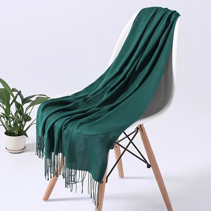 1pc Elegant and simple plain tassel long scarf with warm and versatile thin fabric, suitable for daily wear in all seasons, can also be used as a lady's air-conditioning shawl