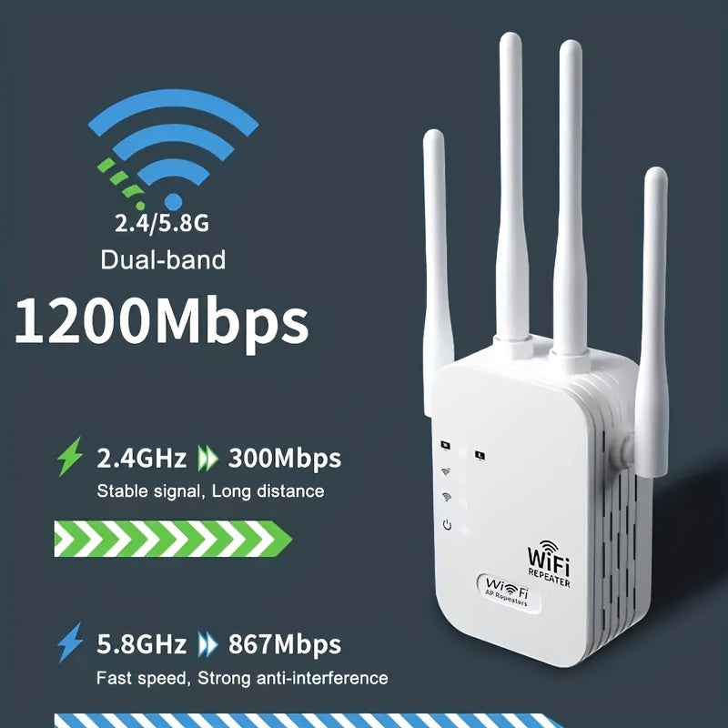 Momotor WiFi Booster, 1200Mbps Dual-Band 2.4 & 5GHz, Strong Signal Penetration for Up to 35 Devices, 4 High-Gain Antennas for 360° Coverage, Ethernet Port, 1-Tap Setup for Home, Office, Cafes - European Standard Plug