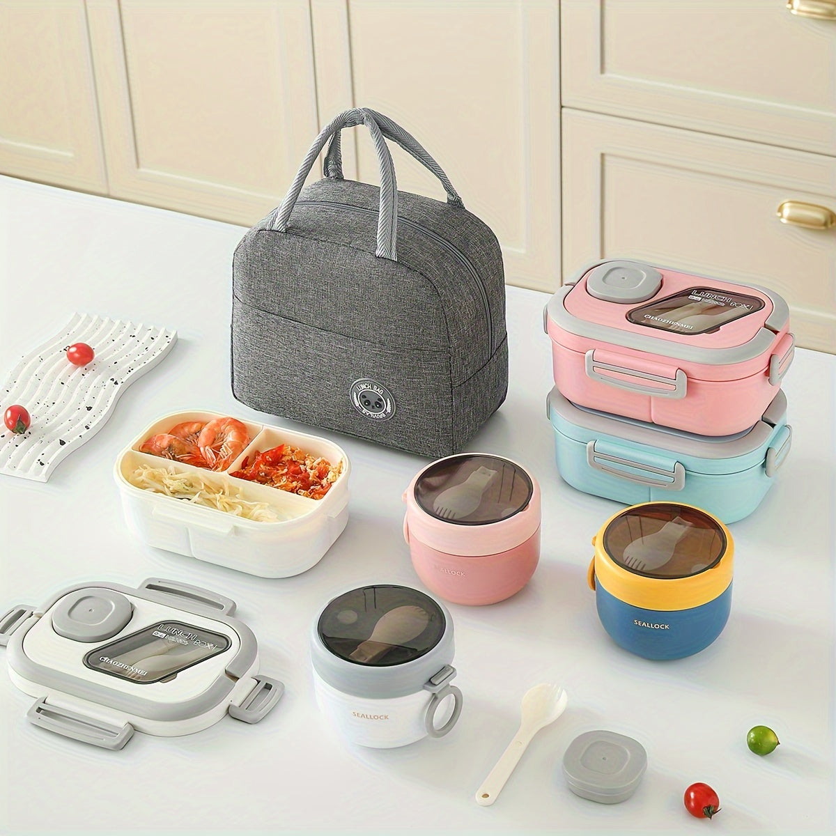 Juego de 3 loncheras portátiles: bolsa térmica, lonchera y taza de avena. Bolsa térmica plegable de aluminio con lonchera de polipropileno y taza de avena.