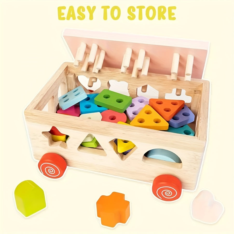 MUWANZI Wooden Shape Sorter Car Toy with Matching Blocks - Early Education Puzzle Sorting Game for Kids - Christmas, Halloween, Holiday Gift