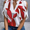 Stylish Women'S V-Neck Blouse - Floral Print, Short Sleeve, Lightweight Polyester, Perfect for Spring/Summer, Red & White Design, Elegant Shirt for Casual or Office Wea