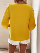 Solid Color Asymmetrical Neckline Straight Hem Blouse with Ruffle Sleeves