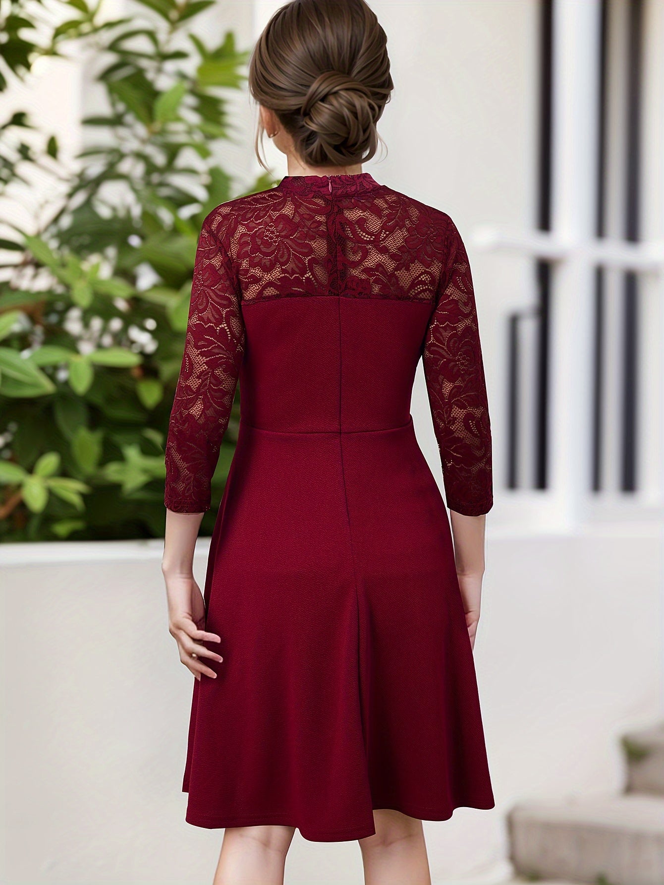 Elegante vestido de niña con encaje y cremallera, de corte A, color liso, mezcla de poliéster elástico, ideal para primavera, verano y otoño.