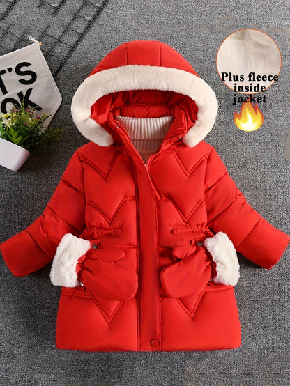 Girl's Solid Color Long Sleeve Hooded Warm Jacket, Faux Furry HoodedComfy Trendy Winter Warm Coat With Detachable Gloves As Gift