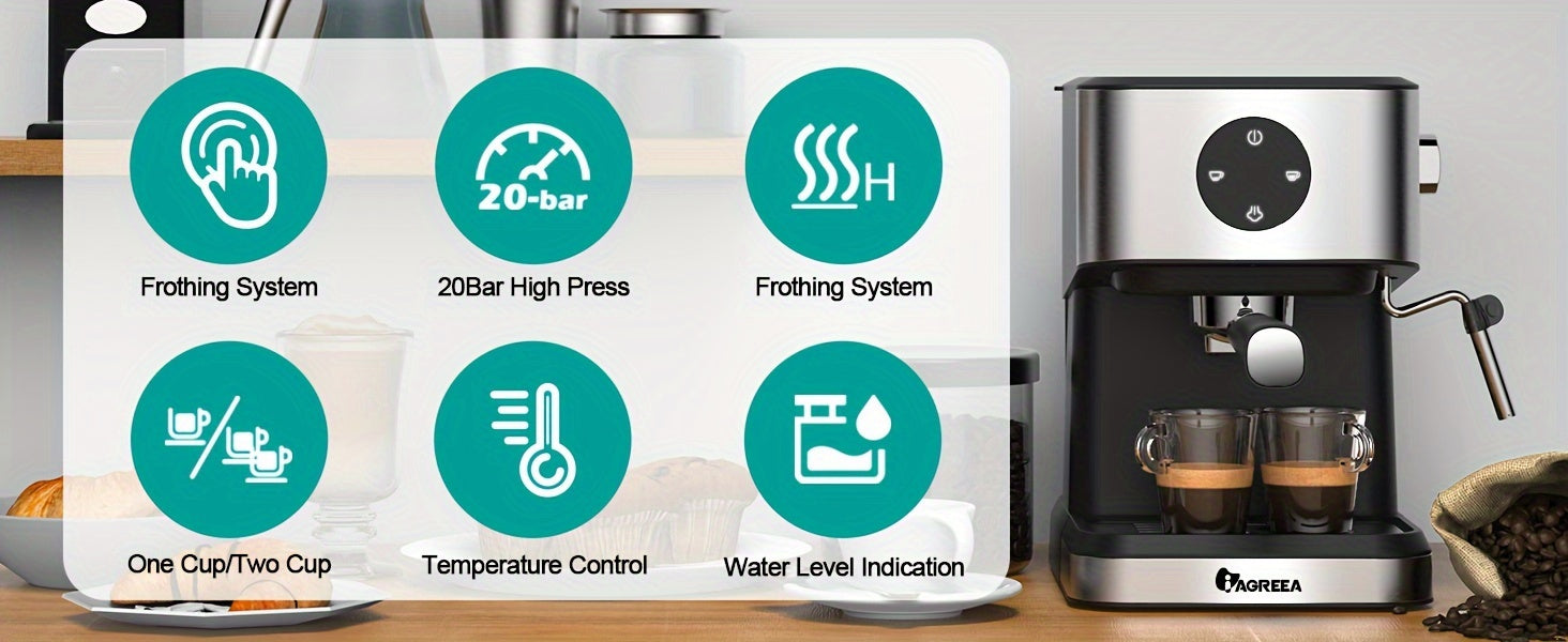 Espresso Machine, 20 Bar Expresso Coffee Machine, 1.5L Removable Water TankSemi-Automatic Coffee Machine With Steam Wand For Espresso, Latte, And Cappuccino, 1050W(FREE Add Plug Adapter)