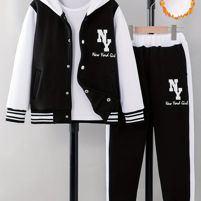 'NY' Letter Print Girl's Preppy Outfit, Color Block Hooded Varsity Jacket + Sweatpants Set Comfy Stylish 2-piece Girls Winter/ Fall Outdoor Clothes