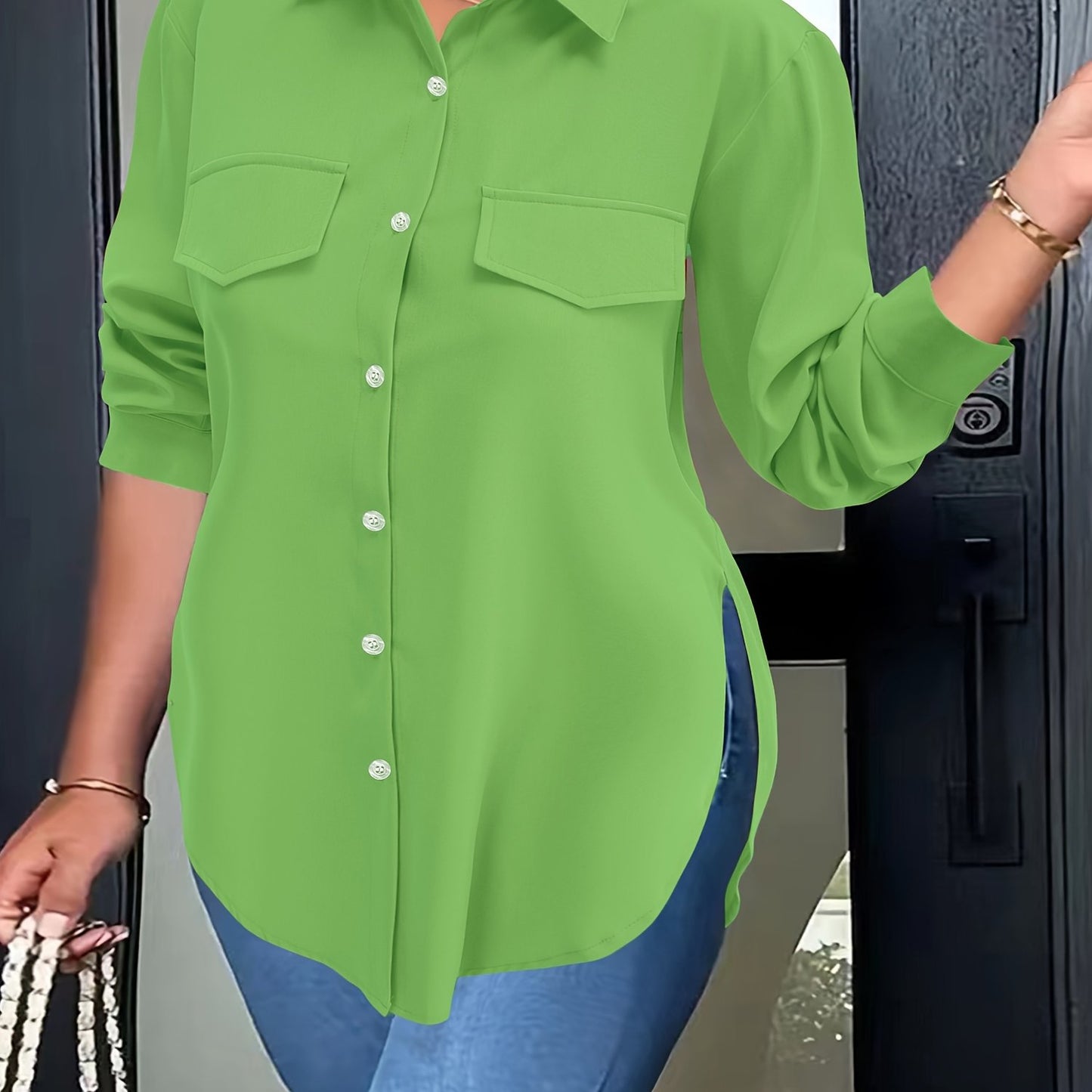 Blusa de talla grande con dobladillo curvo, informal, con cuello abotonado para primavera, ropa de talla grande para mujer.