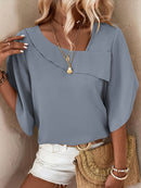 Solid Color Asymmetrical Neckline Straight Hem Blouse with Ruffle Sleeves