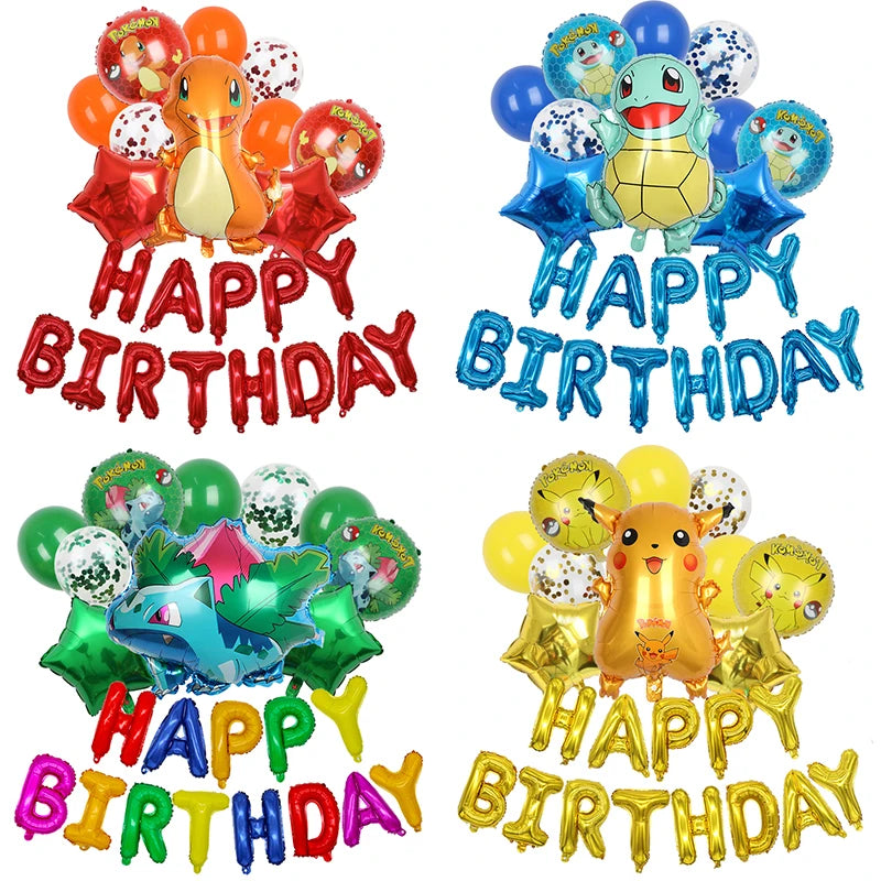 1 conjunto de balões temáticos pokémon pikachu, feliz aniversário, banner, folha de globos para crianças, meninos, meninas, lembranças de festa de aniversário, decorações