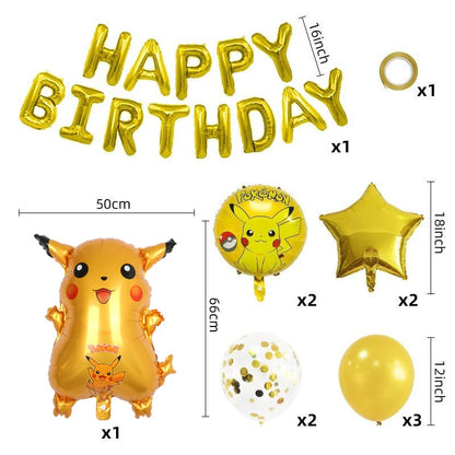 1 conjunto de balões temáticos pokémon pikachu, feliz aniversário, banner, folha de globos para crianças, meninos, meninas, lembranças de festa de aniversário, decorações