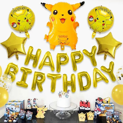 1 conjunto de balões temáticos pokémon pikachu, feliz aniversário, banner, folha de globos para crianças, meninos, meninas, lembranças de festa de aniversário, decorações