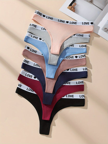 7pcs Letter Print Cotton Thongs, Sexy Comfy Breathable Stretchy Intimates Panties, Women's Lingerie & Underwear