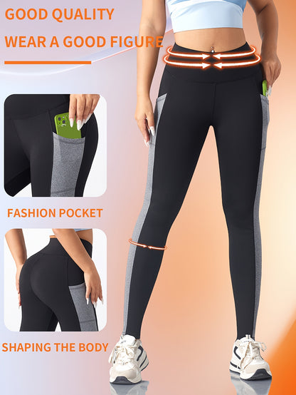 [1pc Women'S High Waist Yoga Leggings] 1pc Women'S High Waist Yoga Leggings with Contrast Color Pocket, Soft Stretchable Polyester Knit Sports Pants, Breathable Activewear for All Seasons