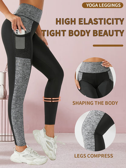 [1pc Women'S High Waist Yoga Leggings] 1pc Women'S High Waist Yoga Leggings with Contrast Color Pocket, Soft Stretchable Polyester Knit Sports Pants, Breathable Activewear for All Seasons