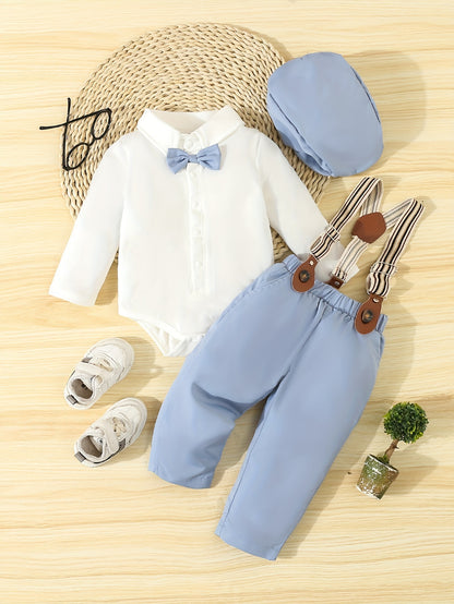 Baby's Gentleman Outfit For Spring Fall, Bowtie Bodysuit &amp; Suspender Pants &amp; Hat Set, Infant &amp; Toddler Boy's Suit For Formal Outdoor Occasions/Photography/Birthday Party/Weddings Outdoor clothing