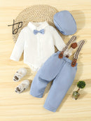 Conjunto de caballero para bebé primavera/otoño: mono con pajarita, pantalón con tirantes y gorro. Traje para bebé y niño pequeño para ocasiones formales al aire libre, fotografía, cumpleaños y bodas. Ropa de exterior.