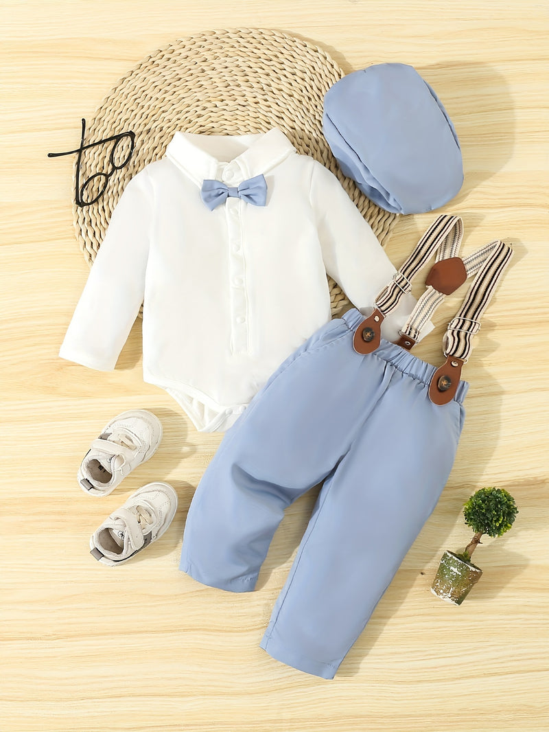 Conjunto de caballero para bebé primavera/otoño: mono con pajarita, pantalón con tirantes y gorro. Traje para bebé y niño pequeño para ocasiones formales al aire libre, fotografía, cumpleaños y bodas. Ropa de exterior.