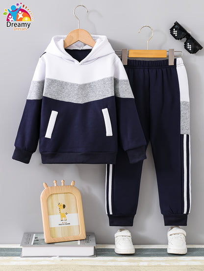 3 Sets Boy's Color Clash Outfit, Hoodie & Sweatpants Set, Casual Long Sleeve Top, Kid's Clothes for Spring Fall Winter, Perfect for Outdoor