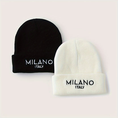 Milano Italy Embroidered Acrylic Skullies & Beanies for Women, 1 or 2-Pack - Elastic Lightweight Warm Knit Caps for Fall Winter Outdoor Activities