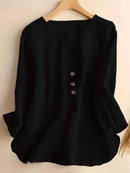 V-Neck Button-Up Top - Loose Fit Solid Color Pullover, Fashionable Casual V-Neck Shirt for Women, Relaxed Fit, Non-Stretch Cotton Linen Blouse