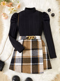 Elegant Girls' 2pcs Set: Mock Turtleneck Long Sleeve Top with Asymmetrical Plaid Skirt & Waist Detail - Machine Washable, Polyester Blend