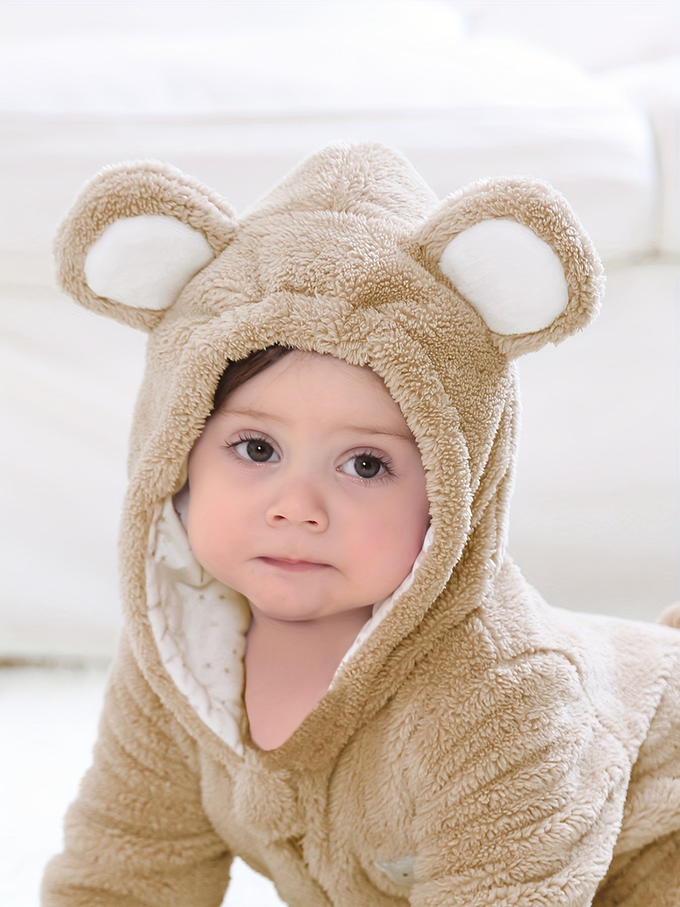 Bear Design Cute Hooded Jumpsuit For Baby Girls, Toddler Baby's Fleece Warm Long Sleeve Outdoor Outwear