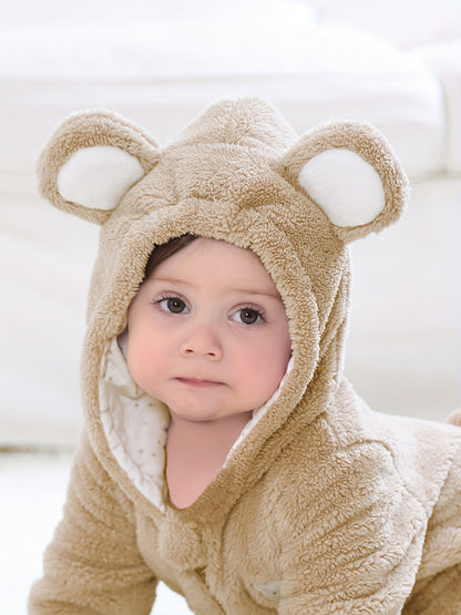 Bear Design Cute Hooded Jumpsuit For Baby Girls, Toddler Baby's Fleece Warm Long Sleeve Outdoor Outwear