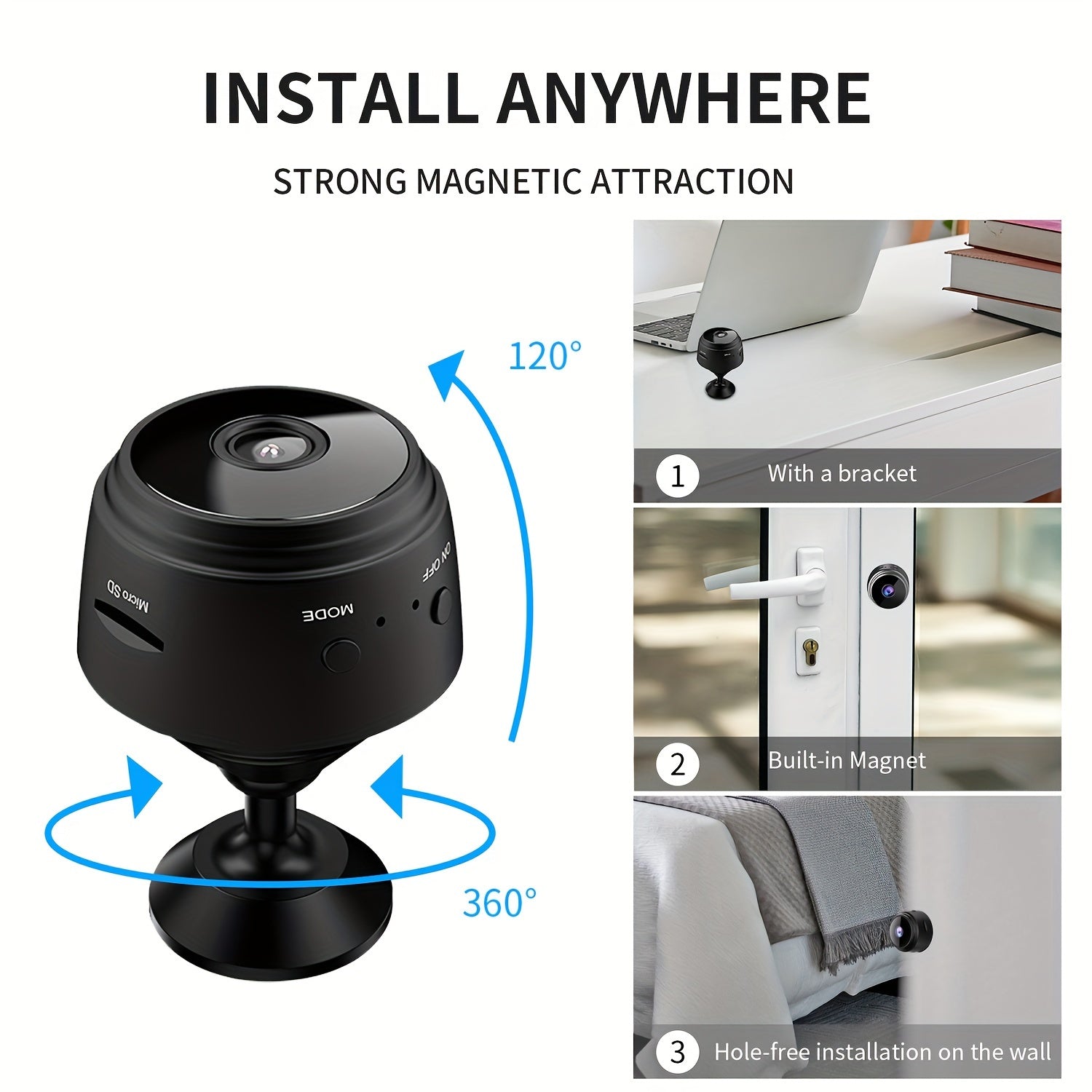 Minicámara de vigilancia inalámbrica con tapa trasera magnética, captura de video de 480p, batería recargable de polímero de litio, alimentación por USB/batería, Wi-Fi para monitoreo en casa, oficina y auto (blanco y negro)