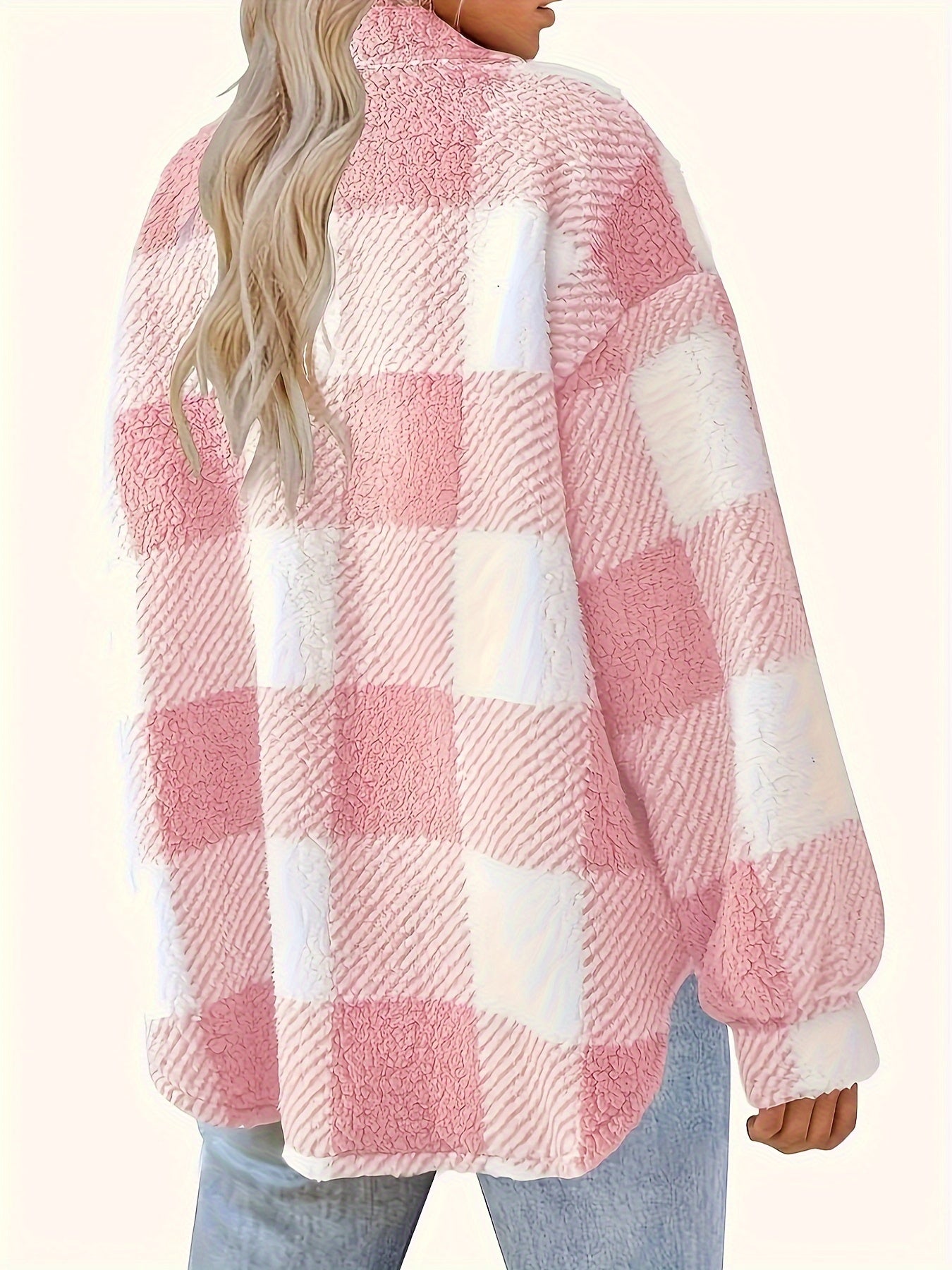 Elegant Plush Winter Jacket - Polyester and Elastane, Checkered Pattern, High Stretch Fabric, Machine Washable, Knitted Style