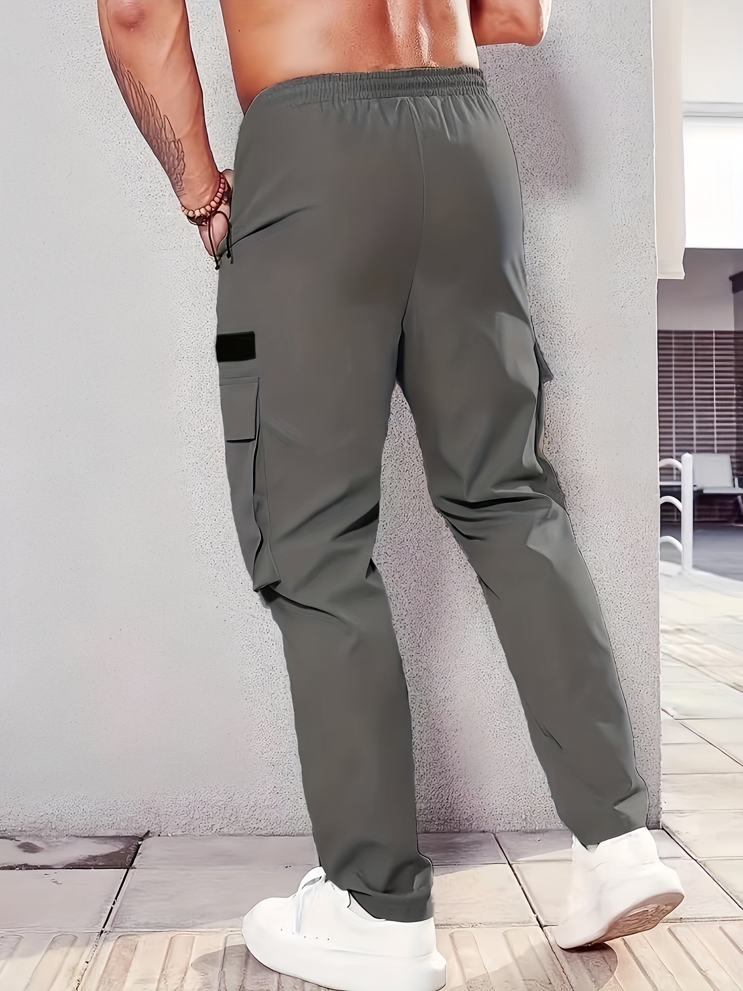 Men's Cuffed Cargo Pants With Flap Pockets In Solid Color, Breathable Comfy Pants For Outdoor Activity