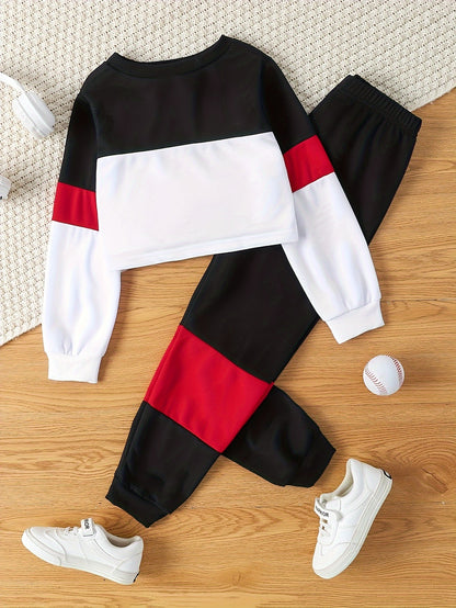 Youngsters's Spring and Autumn Style Letter Print Round Neck Short Long Sleeve Top and Color-Matching Spliced Long Pants Casual Two-Piece Set, Perfect for Outdoor