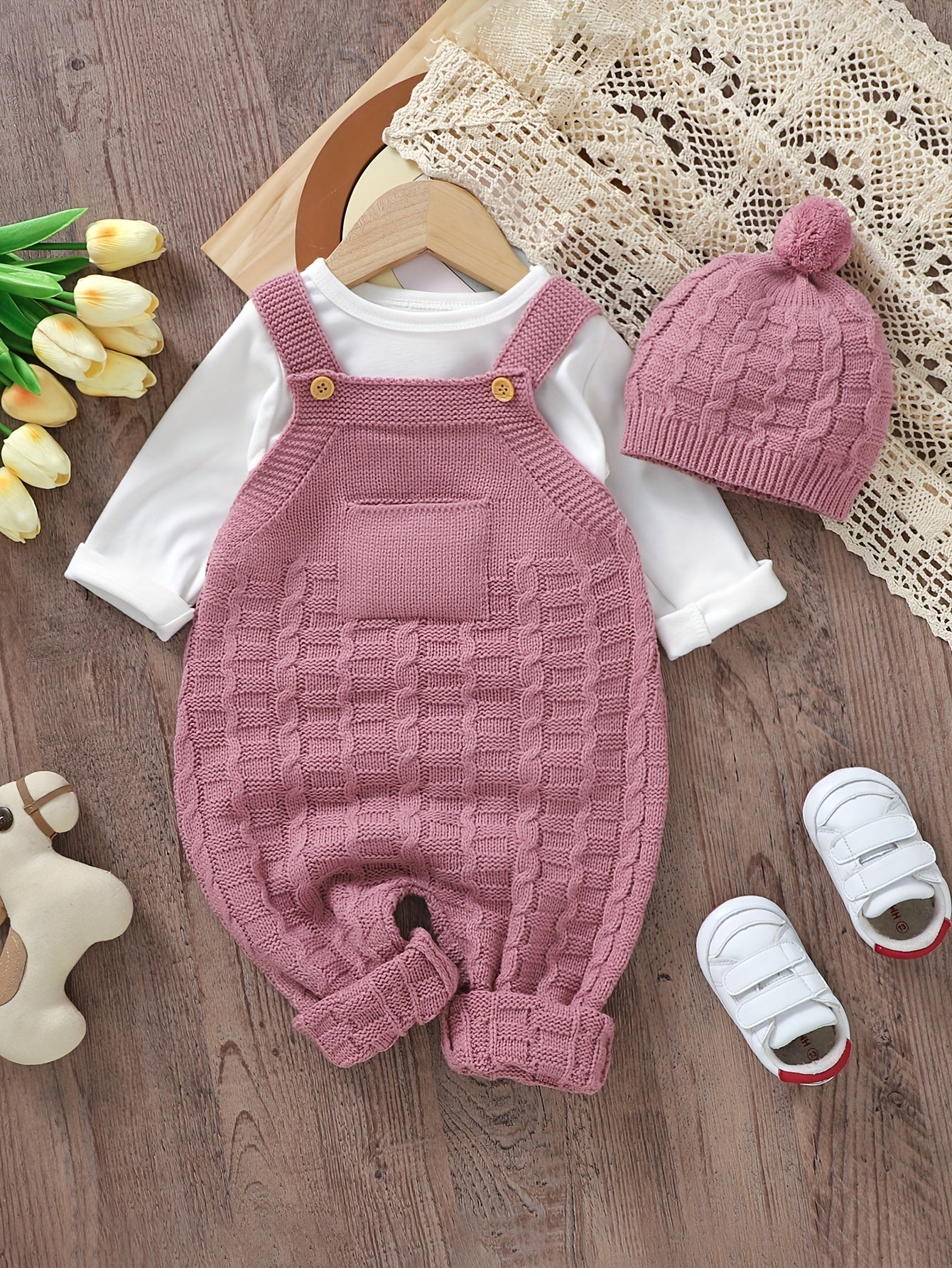 Infant Baby Knitted Suspender Jumpsuit, Long Legs Climbing Suit With Hat Set, Unlined, Suitable For Indoor And Outdoor Wear