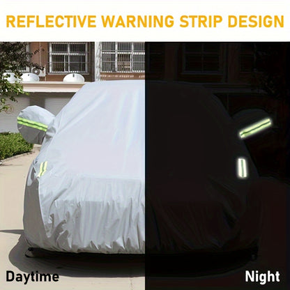 UV-Resistant & Dustproof Car Cover with Reflective Safety Strips - Fits Cars, SUVs, Pickups & Hatchbacks, Durable Polyester, Silvery